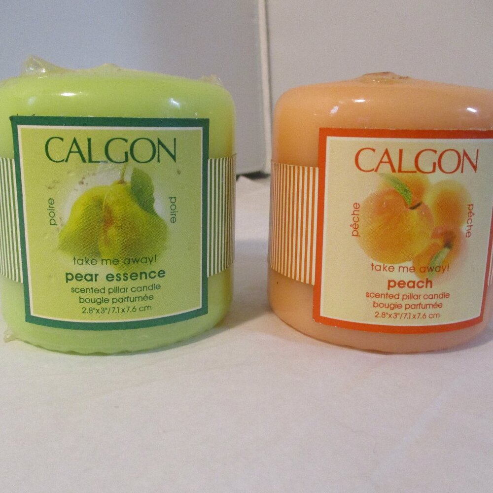 2 NOS New Calgon Scented Pillar Candles Pear and Peach by Coty